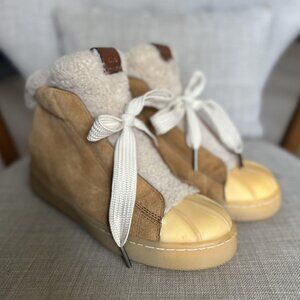 Coach High Top Hiker Sneaker Boots Womens Size 8.5 Camel Suede Shearling Wedge